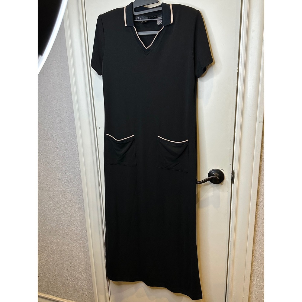 Liz Claiborne Dresses Black Short Sleeve Maxi Polo V-Neck Pocket Gown Womens M